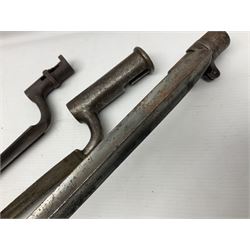 Early 19th century British Brown Bess musket rifle socket bayonet with zigzag fitting stamped D71 and triangular blade stamped 270 L55cm overall; and two other 19th century socket bayonets; no scabbards (3)