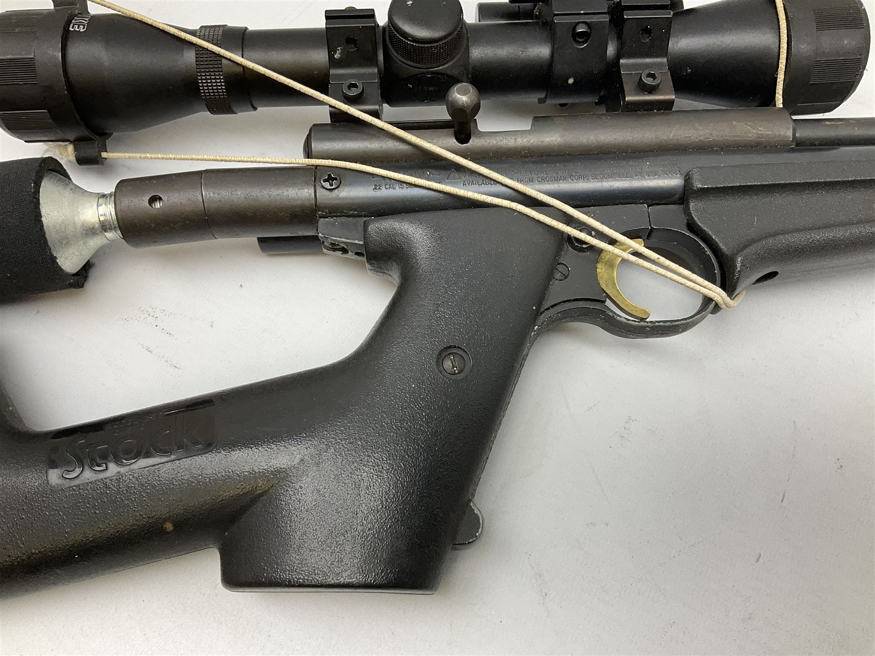 Crosman .22 air rifle with gas cylinder, model AS2250, with bolt action, skeleton stock, moderator and Hawke 4x32 telescopic sight with infra red facility, serial no.803B11493, L88.5cm