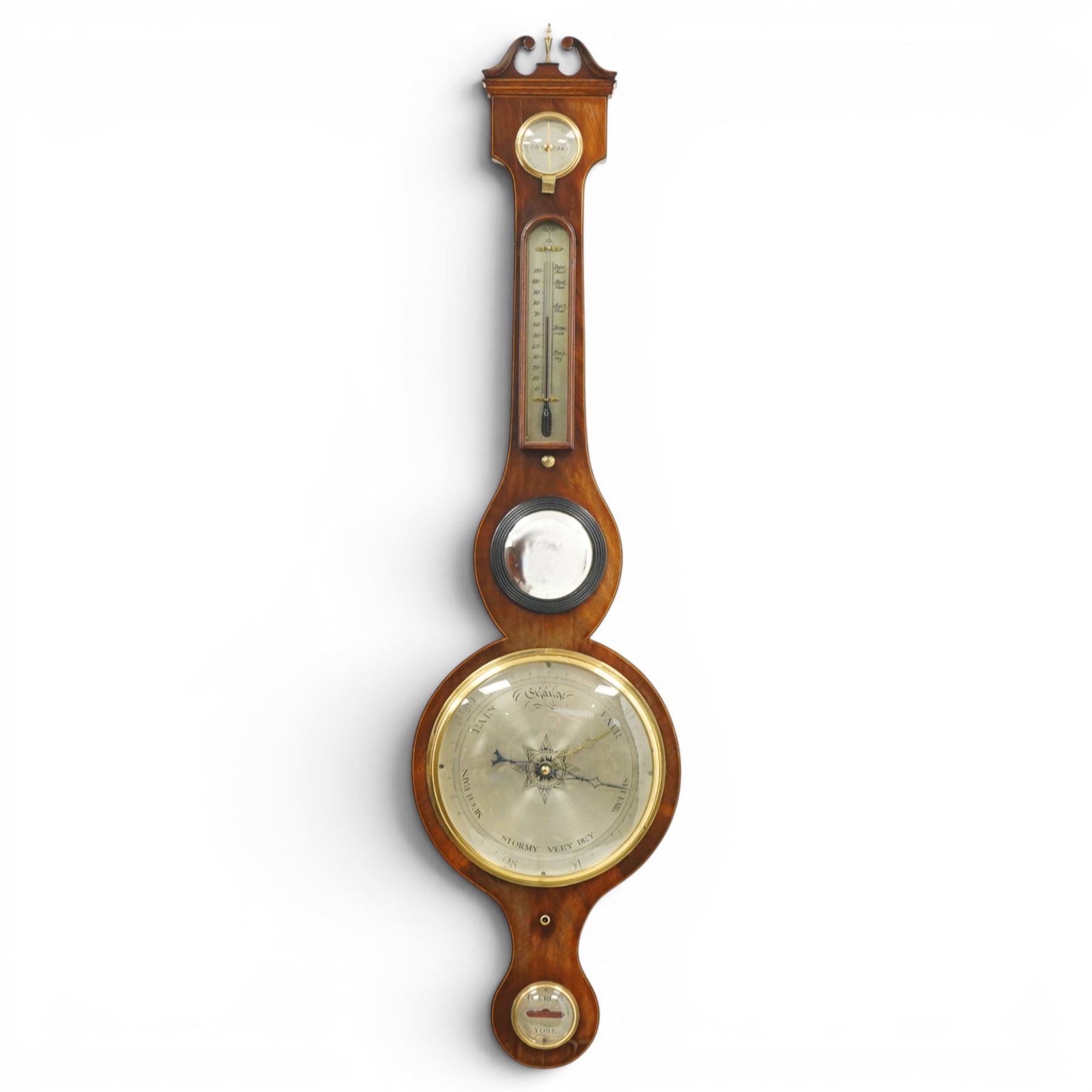 Late 18th century mahogany wheel barometer, swan neck pediment over silvered hygrometer dial and convex mirror, the large silvered register signed by York maker, with spirit level below, the case with boxwood stringing and brass bezels
