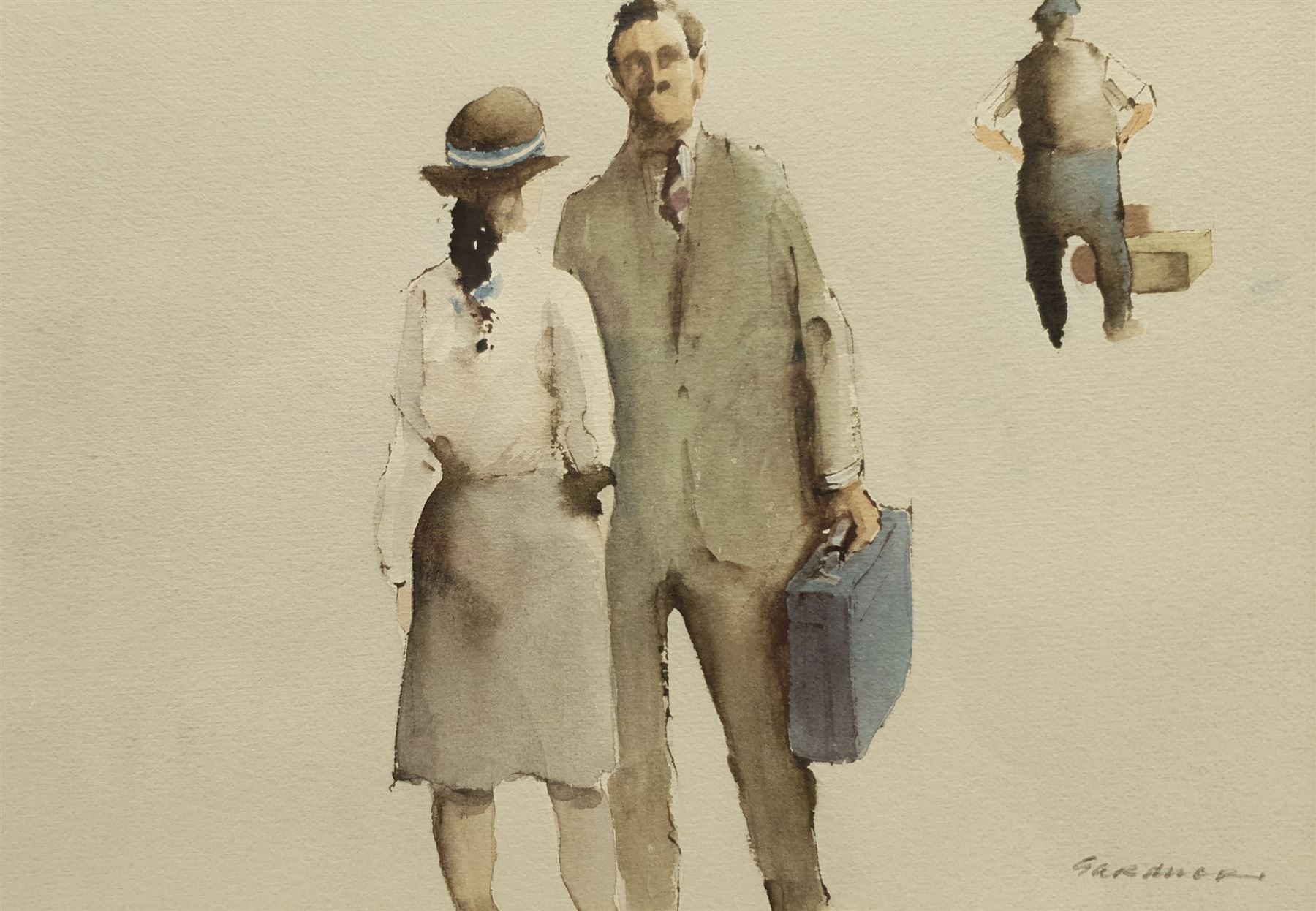 Michael Curgenven (Contemporary): 'Winter Evening Spofforth', oil on board signed, titled verso 25cm x 37cm; Philip Gardner (British 1922-1986): Man with Briefcase, watercolour signed 17cm x 25cm