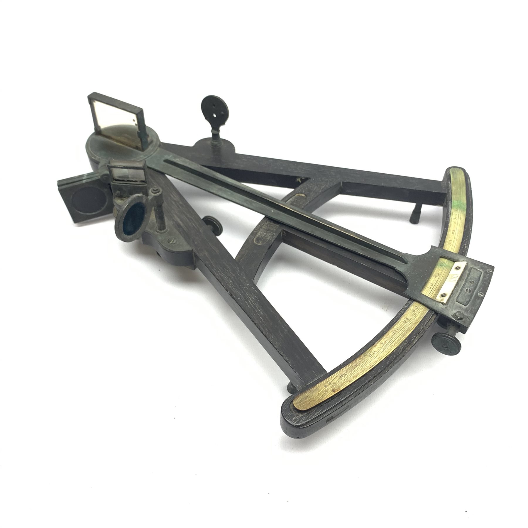 19th century octant, the rosewood framework with brass fittings and inset ivory scale, aperture for inset maker's plaque, L32cm