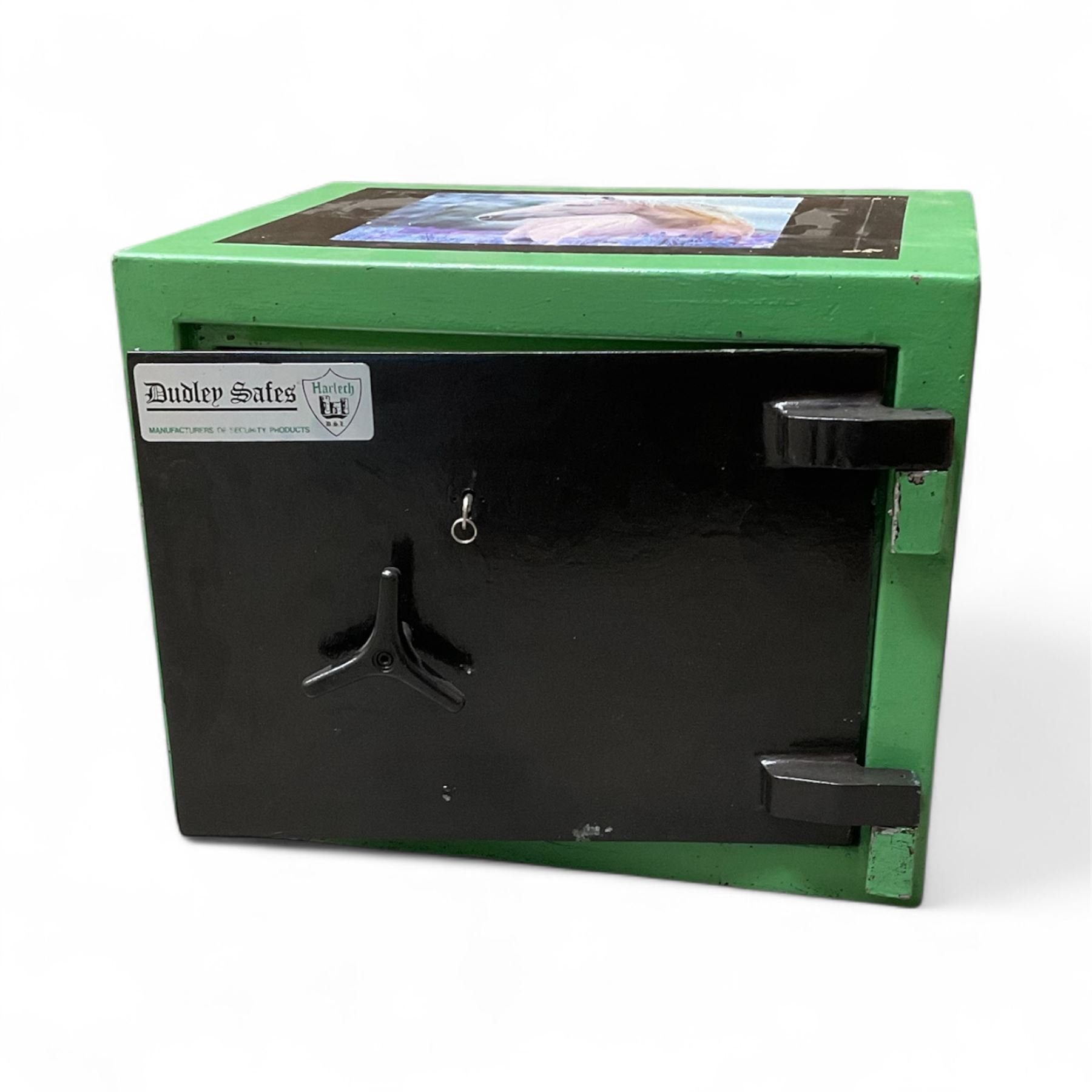 Green painted steel valuables safe, with key