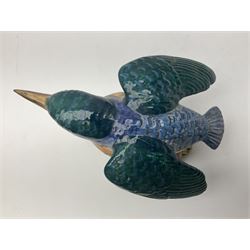 Karl Ens figure of a green woodpecker, modelled perched upon branch, model no. 7527, together with Karl Ens figure of budgie and Beswick Kingfisher no. 2371, all with printed marks beneath, tallest H25cm