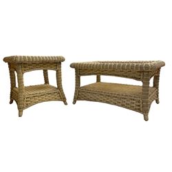 Contemporary rattan conservatory suite - two seat sofa with wicker frame and loose cushions upholstered in textured champagne fabric (W125cm H98cm); pair of matching armchairs (W72cm H98cm); rectangular glass-topped coffee table with rattan frame and undertier (W85cm D60cm H47cm); and matching square side table (W53cm H55cm)