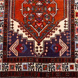 North West Persian Ardebil hand-knotted runner, ivory field decorated with row of large hexagonal medallions enclosing stylized geometric and floral motifs, linked by angular devices, within multiple geometric borders, cotton fringe ends 