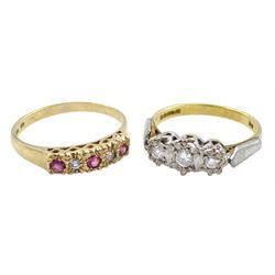 18ct gold three stone diamond ring and a 9ct gold five stone diamond and ruby ring, both hallmarked