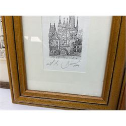 French School (20th century): 'Dinan' France, pair colour etchings signed in pencil and titled together with three further etchings and two pictures relating to Cupar Fife max 20cm x 14cm (8)