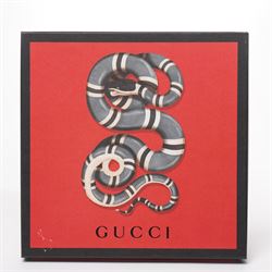 Gucci - 'Gucci Ghost' silk scarf, from the Trouble Andrew collaboration, with graffiti-style logo, heart and signature GG monogram design, 85cm x 85cm, unused with original box and label