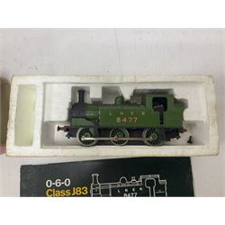 Hornby ‘00’ gauge - LBSC Class A1 0-6-0 ‘Brighton Works’ Terrier locomotive no.32635; LBSC E2 Class 0-6-0 tank locomotive no.100; BR Class 3F Jinty 0-6-0 tank locomotive no.47480; Caledonian ‘Pug’ Class 0-4-0 Saddle Tank locomotive no.270; GNR Class J13 0-6-0 Saddle Tank locomotive no.1247; LNER Class J83 0-6-0 locomotive no.8477; Class J52 0-6-0T locomotive no.68831 in BR black; in original boxes; BR Black 0-4-0 locomotive no.56025, in ‘Smokey Joe’ box; two further loose locomotives comprising ‘Waddon’ 0-6-0 locomotive no.54 and Caledonian Railway 0-4-0 locomotive no.270 (10) 