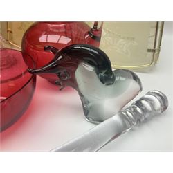 Pair of V Nason & Co murano glass dolphins together with to other glass figures and cranberry glass and lampshades  