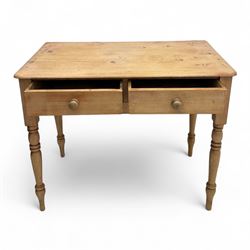 Victorian stripped pine side table, rectangular top over two frieze drawers with turned wo...