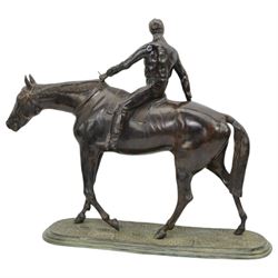 After Isidore Jules Bonheur (1827-1901): Large bronze equestrian group of Racehorse and Jockey on shaped naturalistic base, 57cm x 67cm 