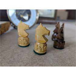 Collection of metalware, including brass weights, fireside tools, sauce boat, etc, together with a chess set, records, two studio pottery lamps etc