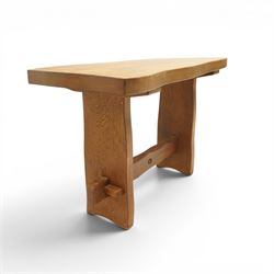 Acornman - rustic oak console table, shaped rectangular top, on shaped end supports, united by a stretcher with carved acorn signature, by the workshop of Alan Grainger, Brandsby