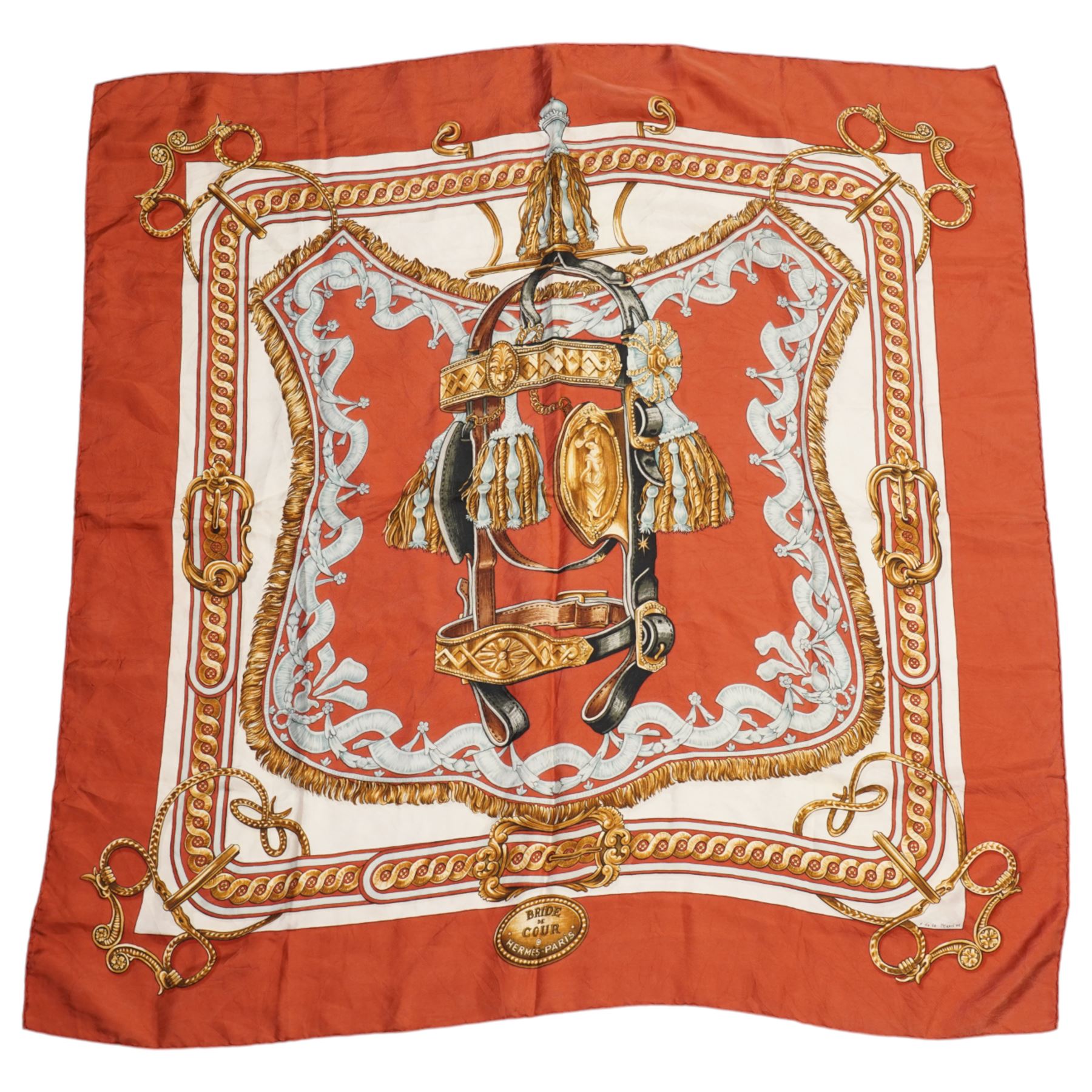 Hermes 'Brides de Cour' silk scarf, in red and gold colourway, designed by Francoise De La Perriere, 88cm x 86cm