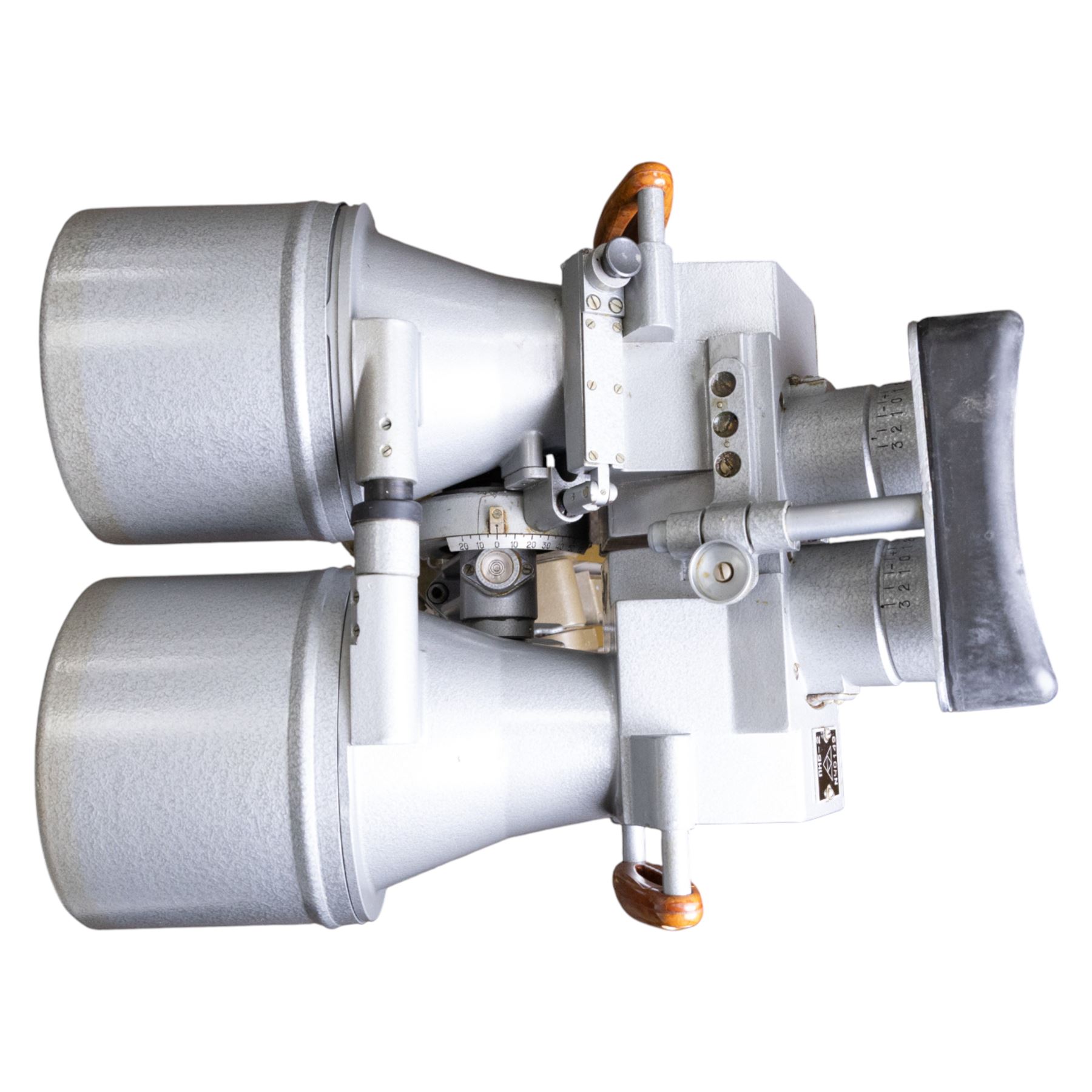 Pair of mid 20th century Russian Helios PNB-2 military observation binoculars, no. 40149, each 'Big Eye' lens 13cm in diameter, with 80 degrees vertical elevation, 360 degrees rotation, spirit level to centre of body, contained in wooden stow case with service manual, canvas cover, two lens caps, a small latched metal tin containing lenses and accessories and on adjustable wooden tripod painted green with pointed feet,  with a small latched metal tin containing eight lenses and accessories