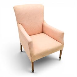 Edwardian mahogany framed armchair of traditional shape, high sprung back and seat over sq...