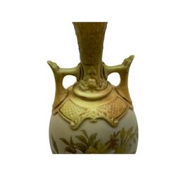 Royal Worcester blush ivory twin handled vase decorated with floral sprays and gilding, H18cm, together with a Royal Worcester pot pourri vase and cover and a white Royal Worcester twin handled vase