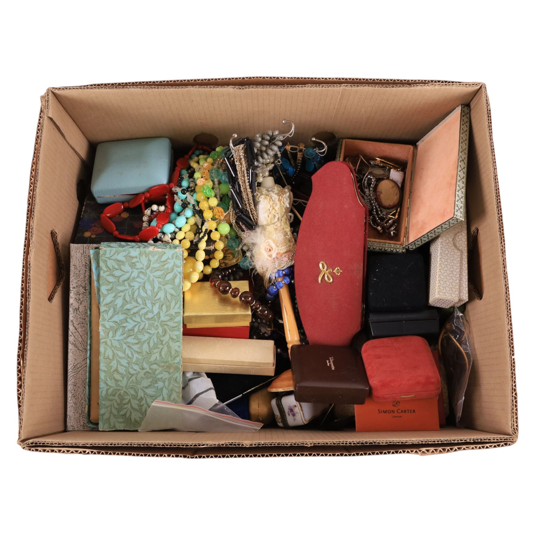 Large collection of costume jewellery, including beaded necklaces, brooches, rings, necklaces etc and compact mirrors