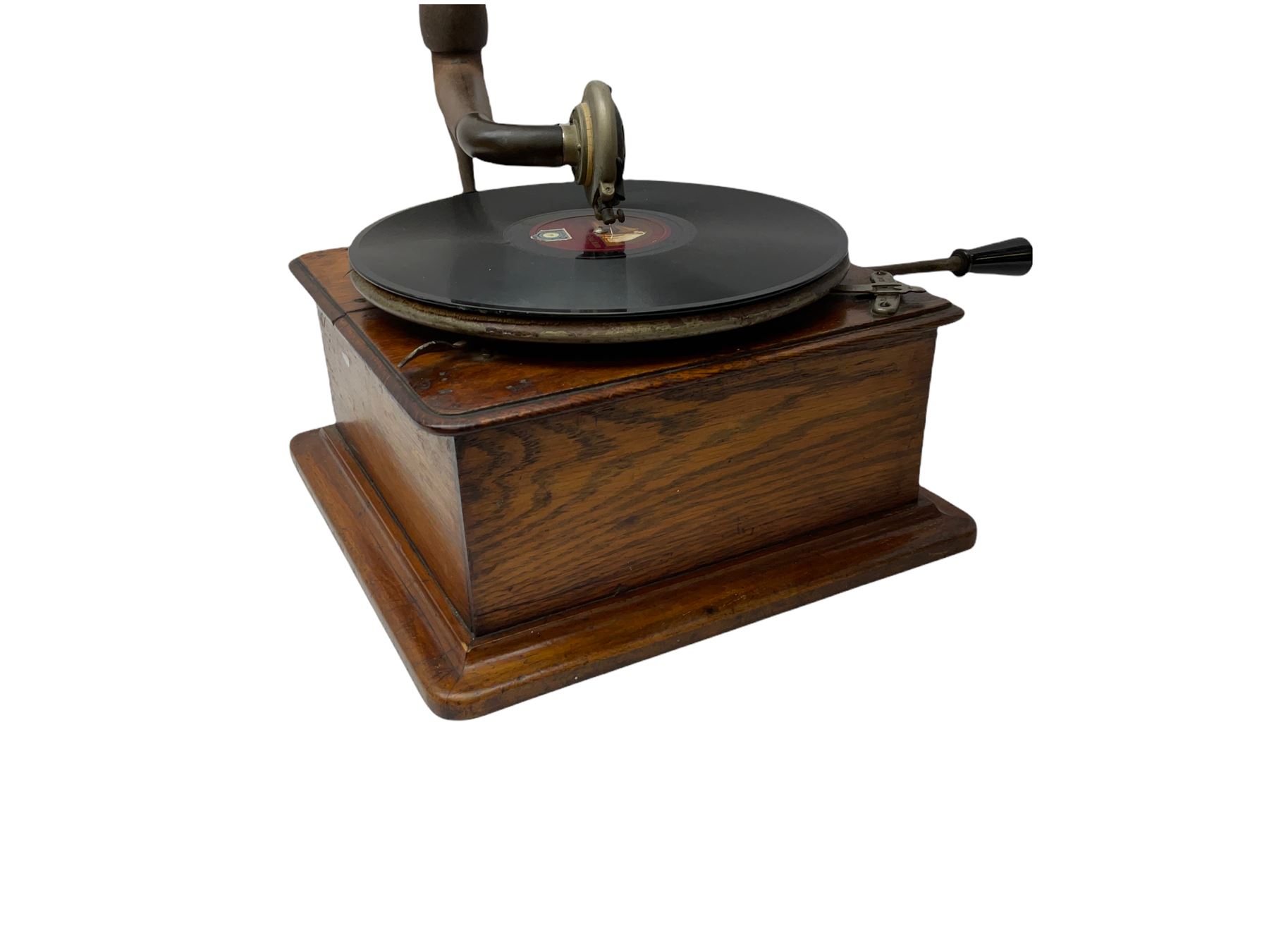 Early 20th century oak cased gramophone, the motor marked 'Garrard No.20 REF No.1030', with ribbed oak horn, base 30cm square; with one 78rpm record and Columbia tin of needles