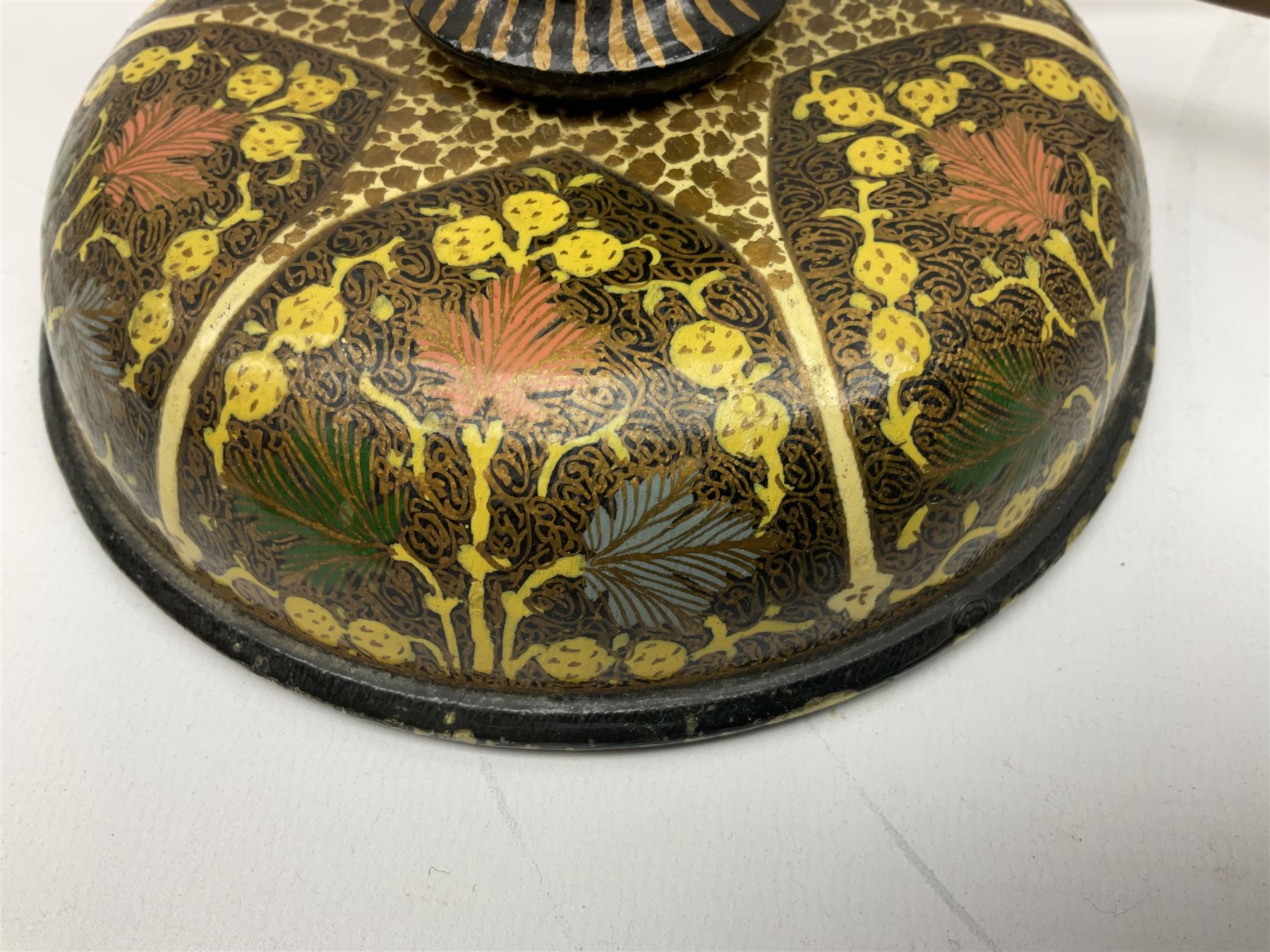  Kashmiri papier mache table lamp, open spiral twist column decorated with flowers, on a turned base,  H43cm