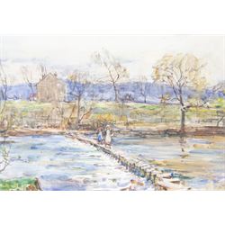 Rowland Henry Hill (Staithes Group 1873-1952): Girls Crossing the Stepping Stones, waterco...