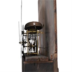 Ralph Weston (III) of Wolsingham (Co Durham) - 30-hour oak and mahogany longcase clock c1815-17, With a swan necked pediment, brass parterre and central spire finial, break arch hood door beneath flanked by reeded pilasters with brass capitals, trunk with recessed reeded pilasters and a crossbanded door with a concave top, square plinth on bracket feet, painted dial with floral depiction to the spandrels and a depiction of a boy attempting to catch birds in the arch, with makers name, Roman numerals, five minute Arabic's, minute track and matching steel hands, with dummy seconds and calendar dials and dummy winding arbors, dial pinned via a cast falseplate by Whittaker & Shreeve to a countwheel striking chain driven movement striking the hours on a bell. With weight and pendulum.
Notes.
The Weston family were a prodigious three generation family of 18th and 19th century Wolsingham clockmakers, all christened Ralph. The maker of this clock Ralph (III) frequently made 30hr clocks such as this possessing features normally found on  8-day clock dials.
Both the clockmaker, clock and dial were the subject of a comprehensive five part article in CLOCKS magazine published between  Nov 2012 and March 2013. The dial of the clock being of particular interest, manufactured by the Haifax firm of Shreve and Whittaker between 1815-17 . 
William Shreeve, a highly respected and competent dial painter went into a short-lived partnership with William Whittaker in 1815, however in 1817 Shreeve died in a tragic accident whereby he was burnt to death whilst preparing some of his own paints and varnishes. 

