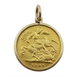 1904 gold half sovereign, loose mounted in 9ct gold mount hallmarked