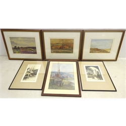 DJ Bevan (British 20th century): Moorland Scenes, three watercolours, two signed and one dated 16/12/41, Boats in the Harbour, early 20th century watercolour signed H Callen, and two etchings indistinctly signed and titled, max 34cm x 24cm (6)