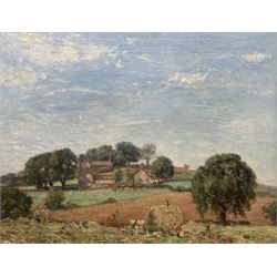 Stanley Royle (British 1888-1961): Harvesting with Cottages Beyond, oil on canvas unsigned 69cm x 90cm