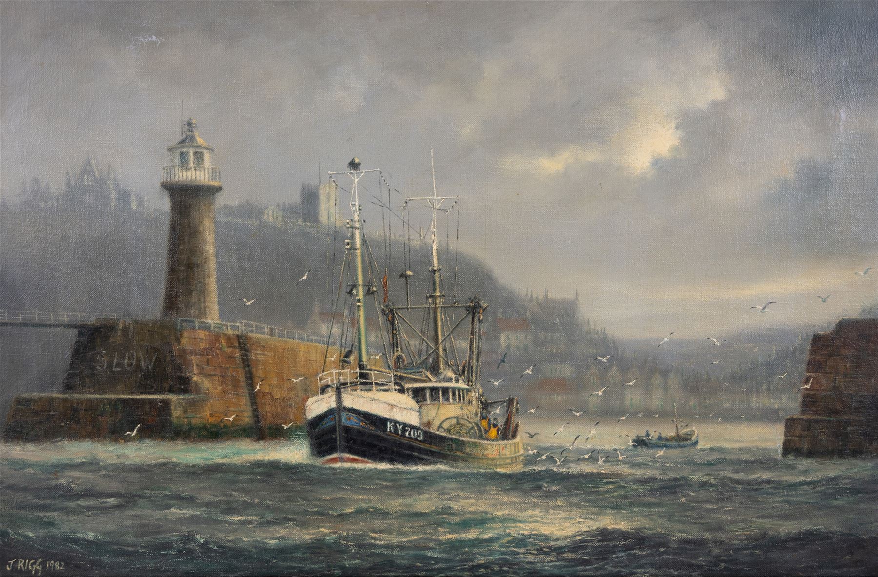 Jack Rigg (British 1927-2023): Kirkudbright Trawler KY209 'Ocean Venture' leaving Whitby Harbour in a Squall, oil on canvas signed and dated 1982, 50cm x 75cm