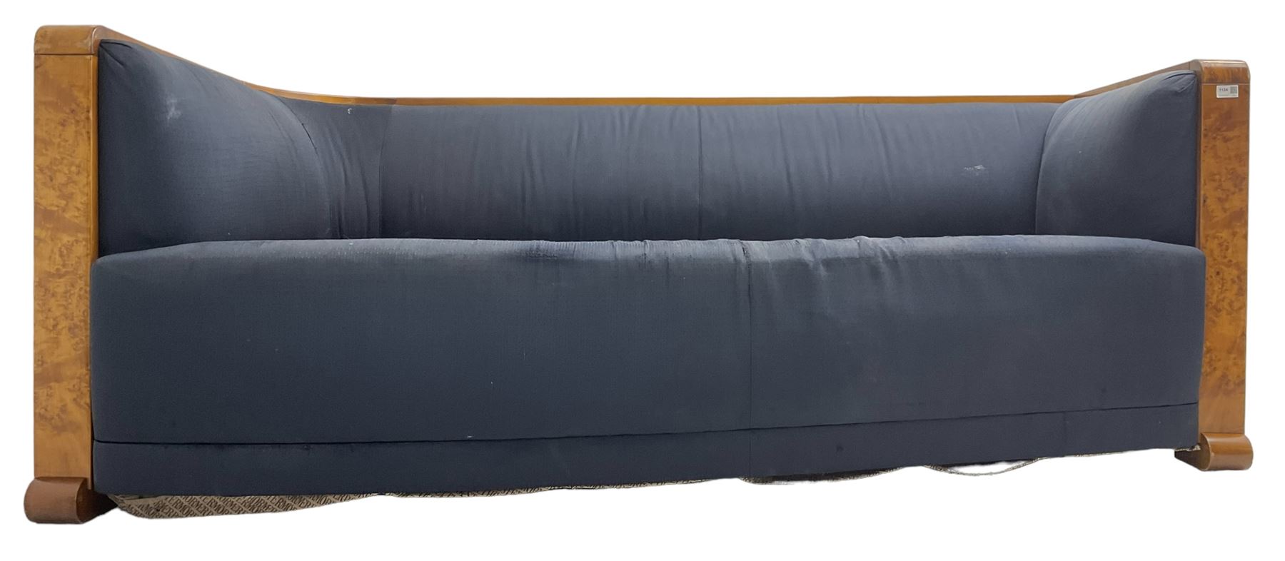 Thormer Polstermobel - Art Deco design three seat sofa, of curved tapering form, upholstered in midnight blue fabric, framed in figured burr elm