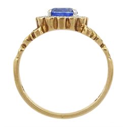 9ct gold oval sapphire and diamond cluster ring, with split design shoulders, London 1987, sapphire approx 0.60 carat