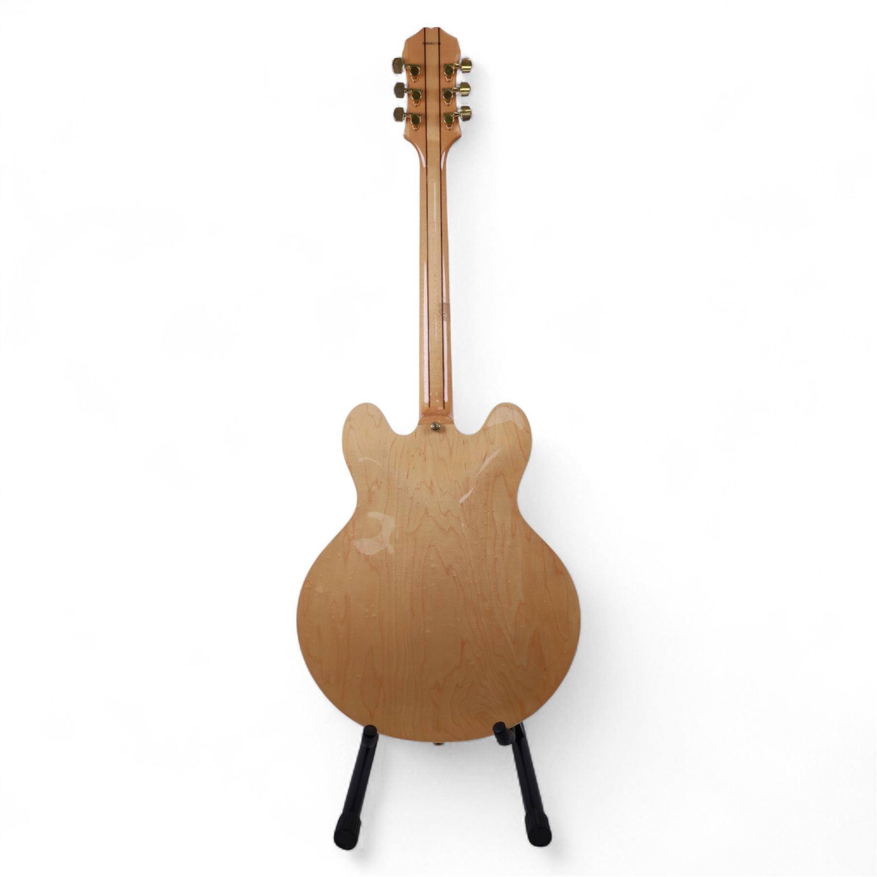 Epiphone by Gibson Sheraton semi-hollow electric guitar, serial no. S98081744 made in Korea c.1998, with natural blonde body, maple neck, fretboard with abalone and mother of pearl split block markers, with inlaid mother of pearl tree of life design and Epiphone logo to headstock, L109cm