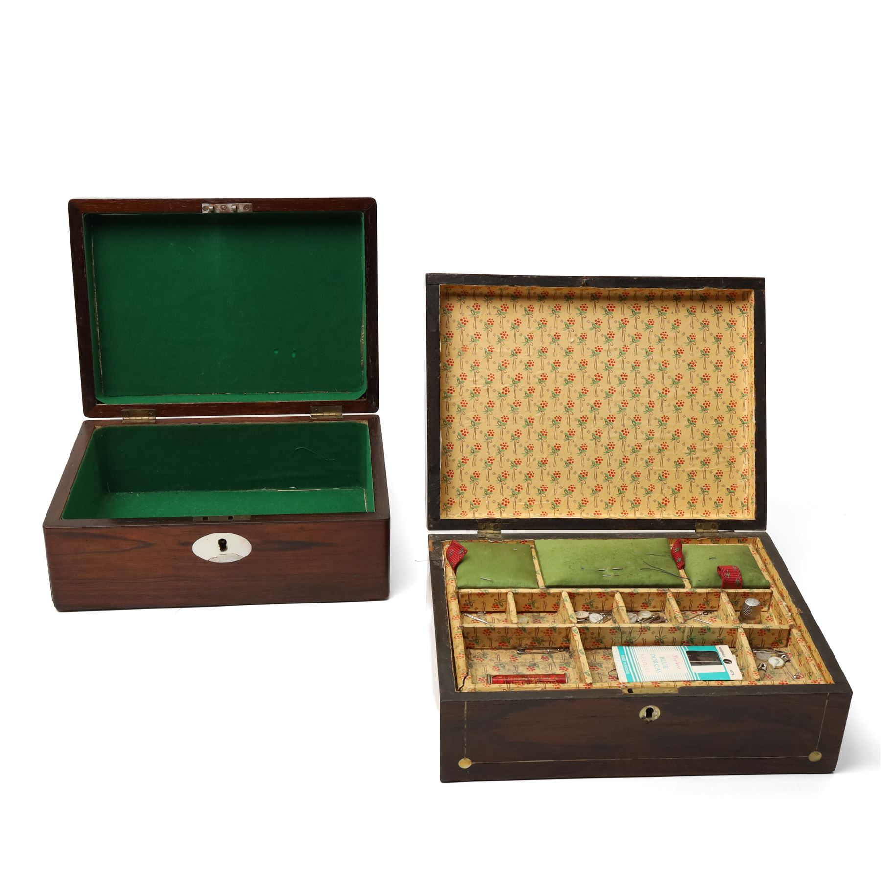 Victorian rosewood sewing box inlaid with mother of pearl W29cm and another with lift out tray and sewing accessories