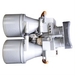 Pair of mid 20th century Russian Helios PNB-2 military observation binoculars, no. 40149, each 'Big Eye' lens 13cm in diameter, with 80 degrees vertical elevation, 360 degrees rotation, spirit level to centre of body, contained in wooden stow case with service manual, canvas cover, two lens caps, a small latched metal tin containing lenses and accessories and on adjustable wooden tripod painted green with pointed feet,  with a small latched metal tin containing eight lenses and accessories