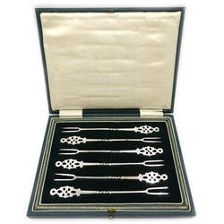  Set of six silver two prong forks with pierced terminal and twisted haft, by Roberts & Belk, Sheffield 1927, cased   