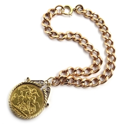  1911 gold sovereign in 9ct loose mount on Edwardian 9ct rose gold curb chain bracelet each link hallmarked  