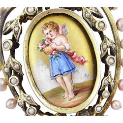 19th century silver pearl locket pendant, set with an oval painted enamel plaque of a cherub holding flowers, within an openwork pearl set surround