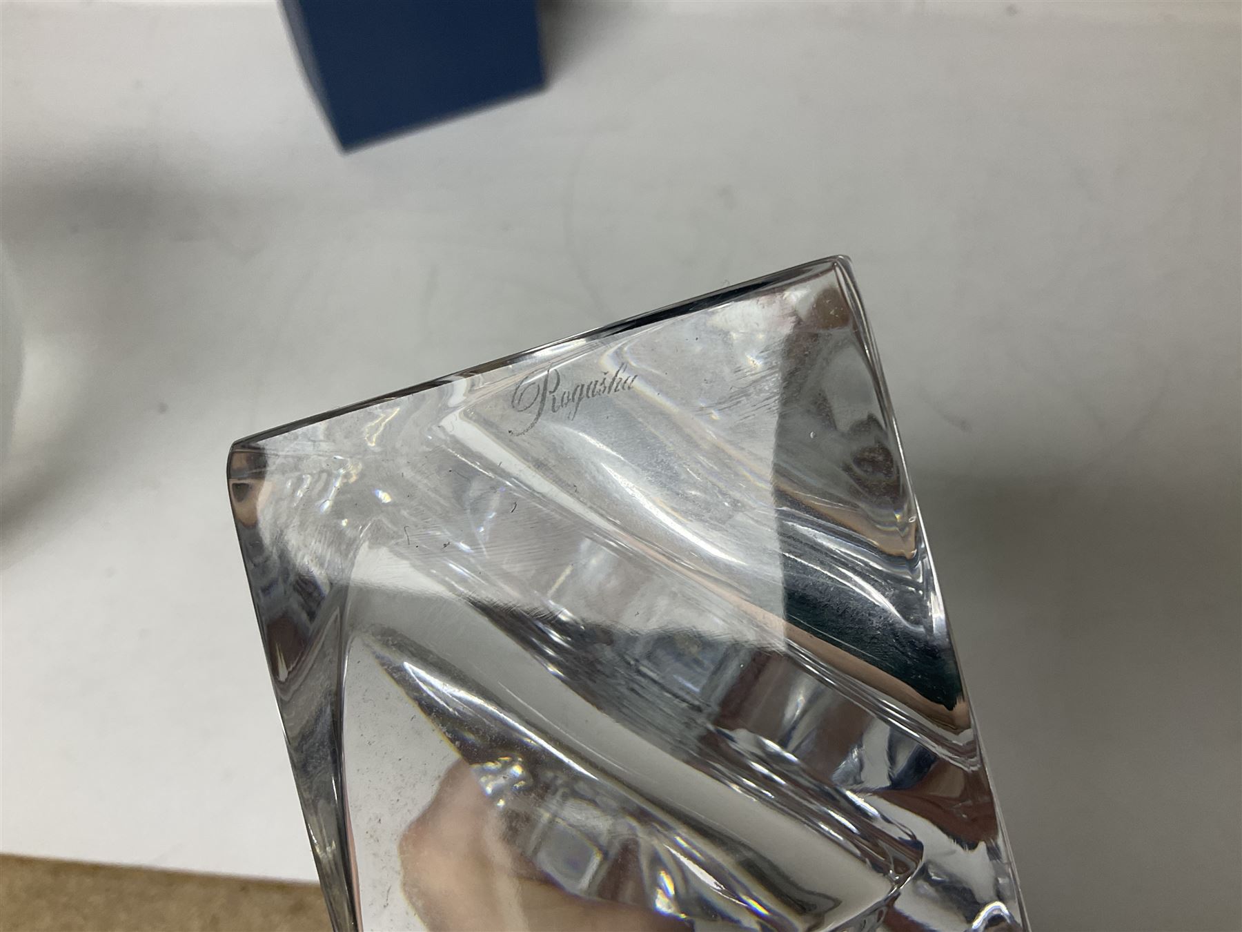 Late 20th century art glass, to include a Robert Held vase, of baluster form with iridescent swirl design, two frosted glass vases with peacock feather design on green and white ground, frosted glass tulip shaped bowl with smoke design and a Rogaska Crystal cobra candlestick, tallest vase 27cm