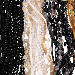 Seventy-six strings of polished gemstone and glass jewellery making beads and some loose beads, including black tourmaline quartz, sodalite, smoky quartz, mother of pearl, banded agate, jasper, maligano jasper, citrine, garnet etc, all of different cuts and sizes