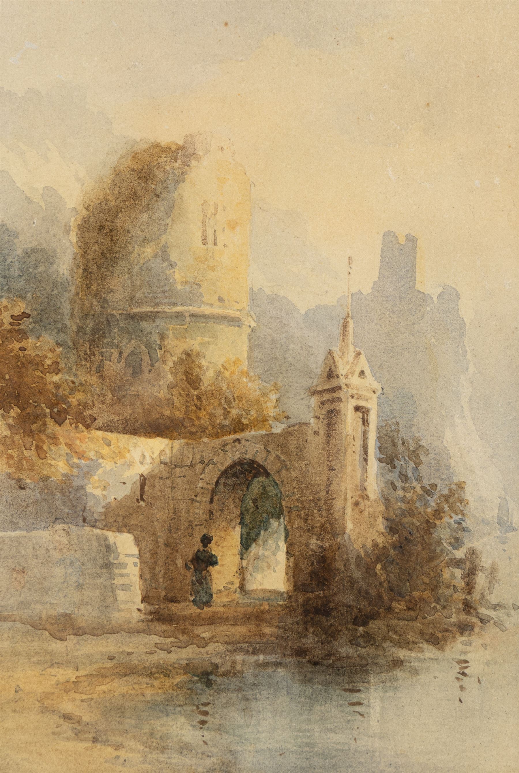 Attrib. James Duffield Harding (British 1798-1863): View of the East Yorkshire Coast, pencil unsigned 18cm x 27.5cm; Continental School (19th/20th century): Girl Underneath Archway, watercolour unsigned 24cm x 16cm and English School (19th/20th century): Horse Riders in a Forest Clearing, oil on board indistinctly signed 14cm x 20cm (3)