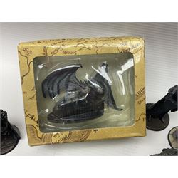 Approximately 80 NLP Lord of the Rings heavy metal painted figurines to include Fell Beast, boxed, and The Watcher, The Dark Lord Sauron, Treebeard etc, and unassociated Dracula themed composite figures marked HHFT50 