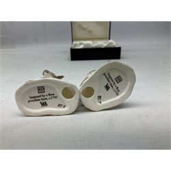 Two Halcyon Days porcelain figures of hares, inspired by Bow porcelain hare c1755, in box 