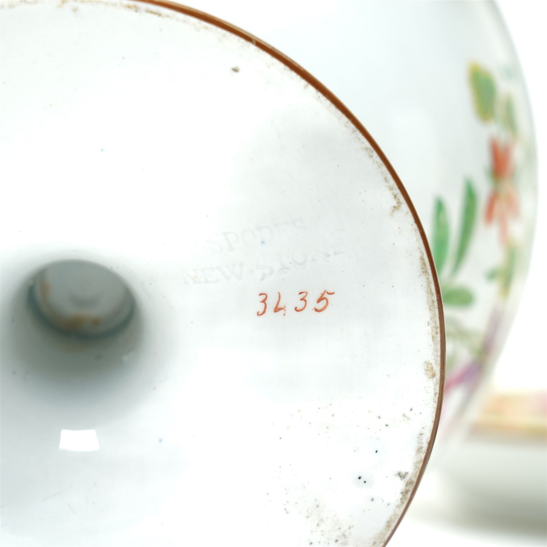 19th century Spode New Stone China dessert service, comprising sauce tureen with cover stand and ladle, large two handled serving dish and smaller example, two others, and seven plates, with chinoiserie decoration, impressed marks to bases 
