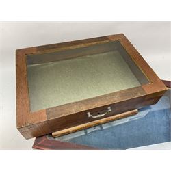 Mahogany glazed table top display case with twin handles, hinged lid and screw thread closure, together with another similar, largest L51cm, H9.5cm D34cm