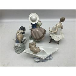 Four Lladro figures, comprising Recital no 5496, Sweet Scent no 5221, Little Stowaway no 6642, Bashful Bather no 5455, largest example H17cm
