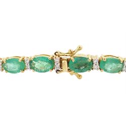 18ct gold emerald and diamond bracelet, twenty-seven oval cut emeralds, each spaced by two round brilliant cut diamonds, stamped 18K, total emerald weight approx 12.35 carat, total diamond weight approx 0.50 carat