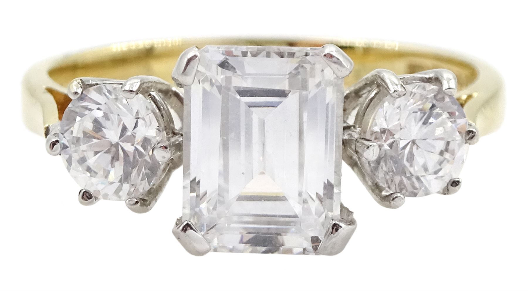 14ct gold three stone emerald and round cut cubic zirconia ring, hallmarked 