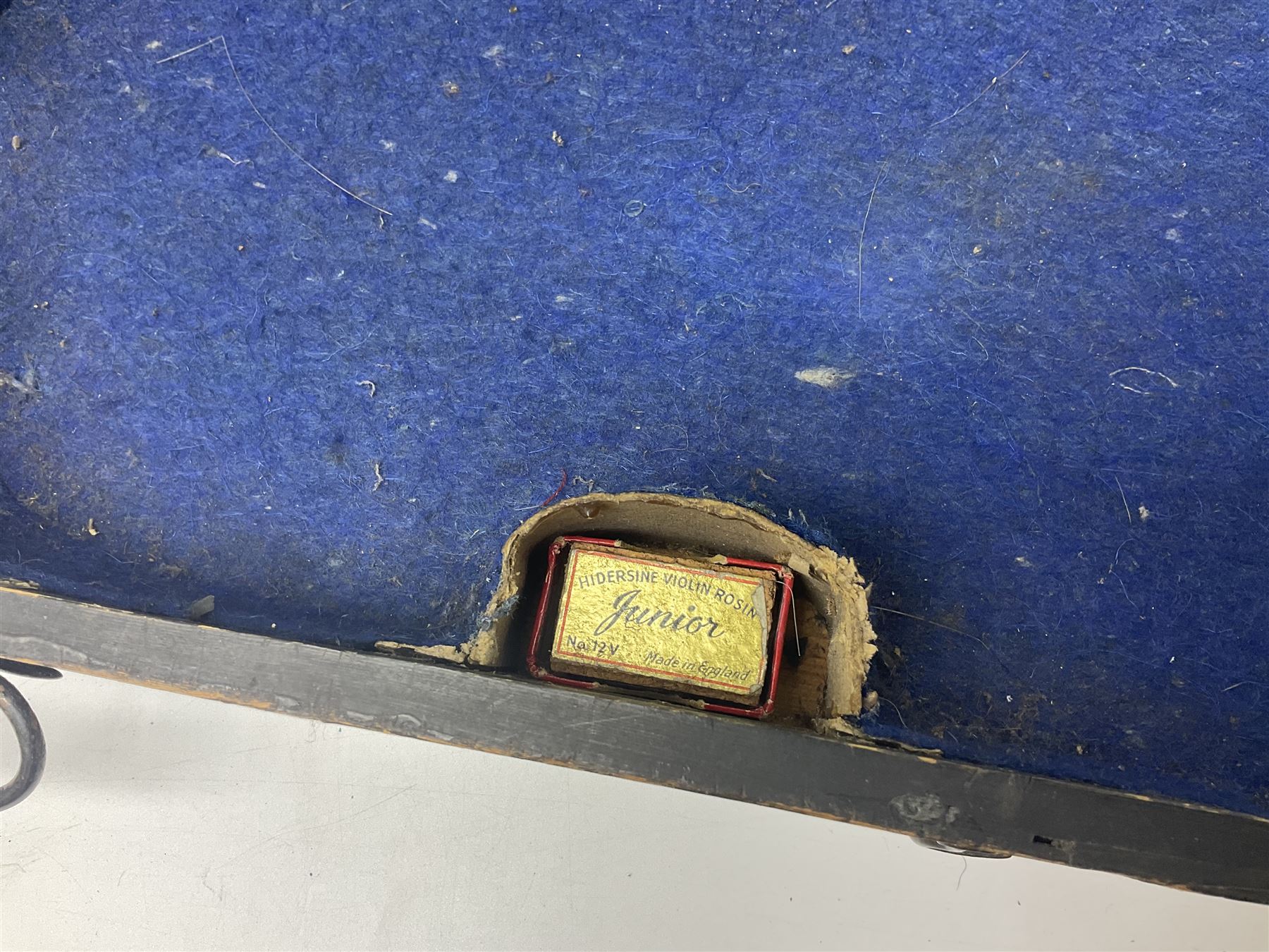 German violin c1900 for re-assembly with 36cm two-piece maple back and ribs and spruce top; L59cm; in ebonised wooden 'coffin' case with two bows